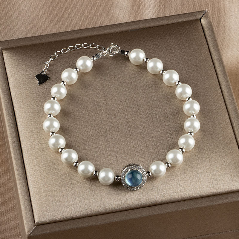 925 Sterling Silver Pearl Blue Chalcedony Healing Bracelet & Ring