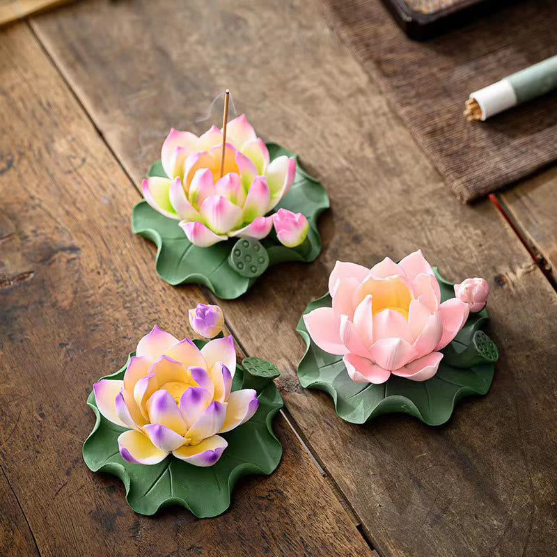 Ceramic Lotus Flower Leaf Pod Incense Burner 10.5cm
