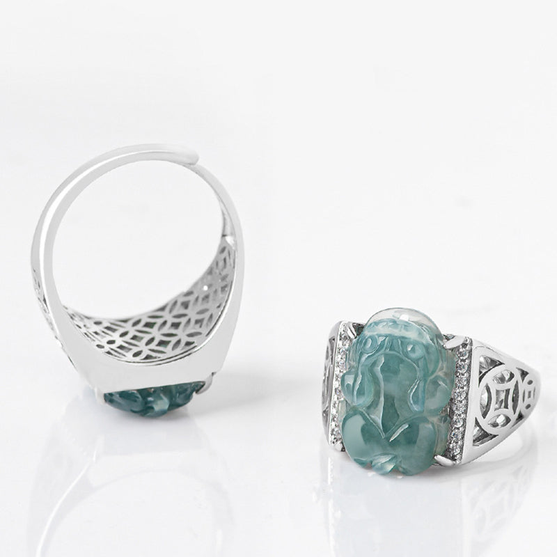 Sterling Silver Jade Pixiu Ring for Wealth & Luck