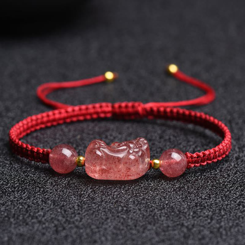 Natural Strawberry Quartz PiXiu Red String Bracelet for Luck