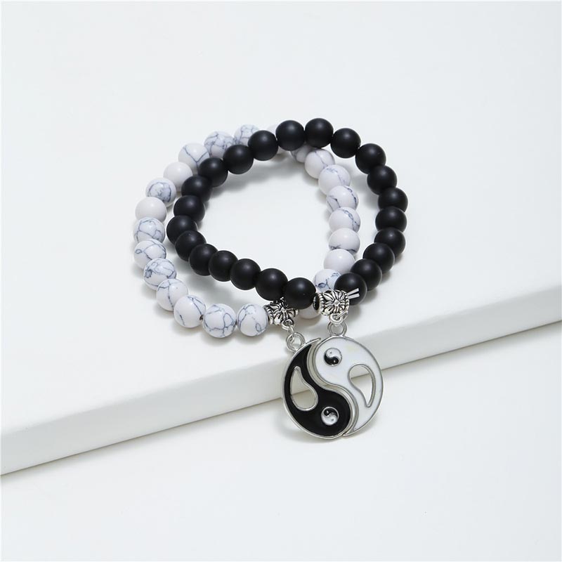 Unisex Yin Yang Bracelet Set with Black Onyx and White Turquoise Beads