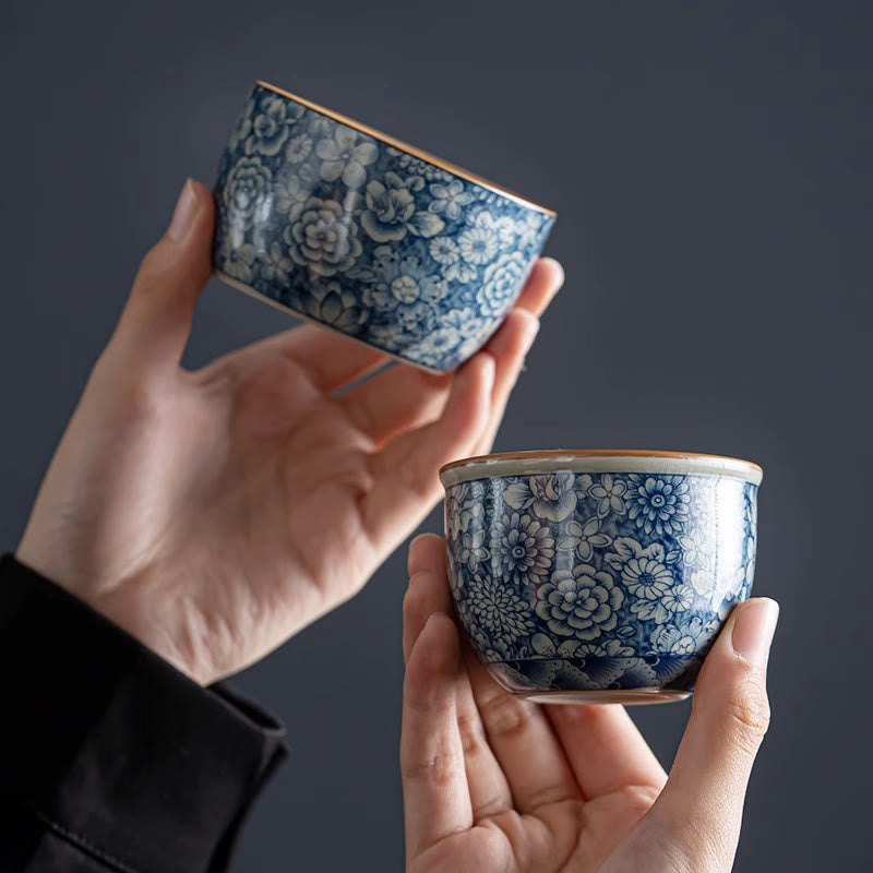 Ceramic Zen Tea Cup with Blue Lotus & Chrysanthemum Design 95ml