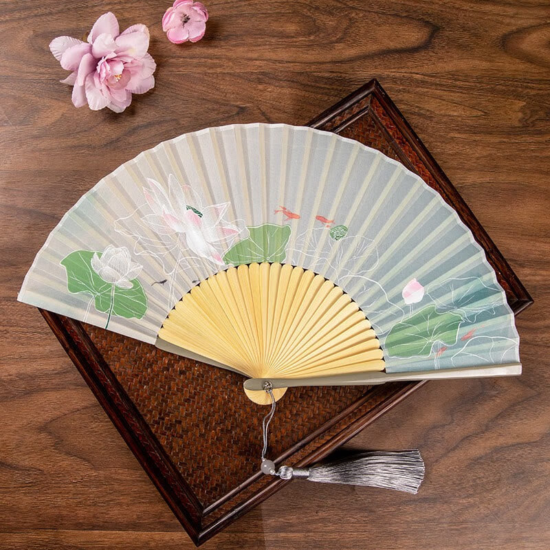 Jasmine Lotus Begonia Bamboo Folding Fan | Handheld Charm