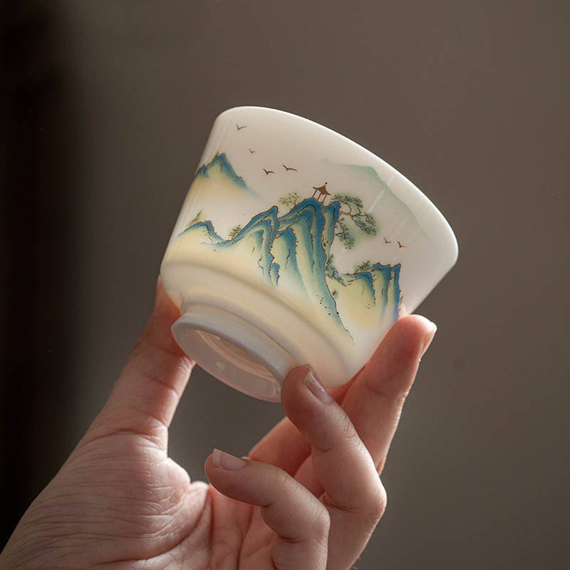 Zen Ceramic Teacup with Lotus Flower and Mountain Design 100ml
