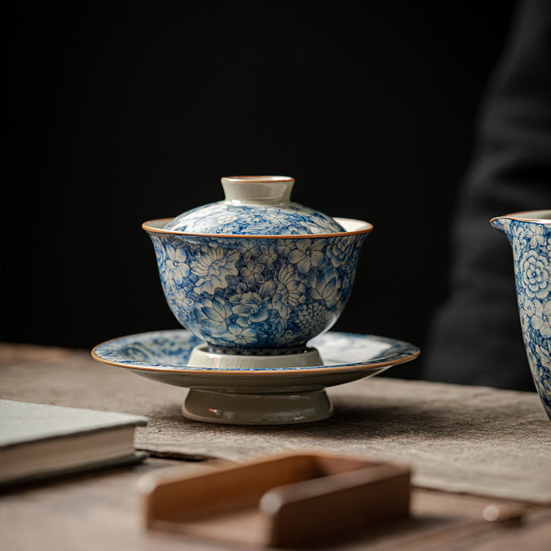 Vintage Blue White Porcelain Gaiwan Teacup with Lid 150ml