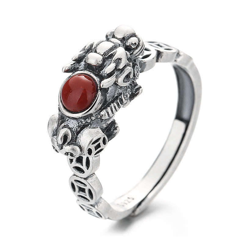 Adjustable Red Agate Pixiu Ring for Wealth and Luck