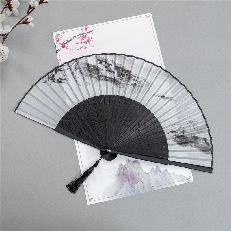 Plum Blossom Silk Bamboo Folding Fan 22.5cm Elegant Handheld