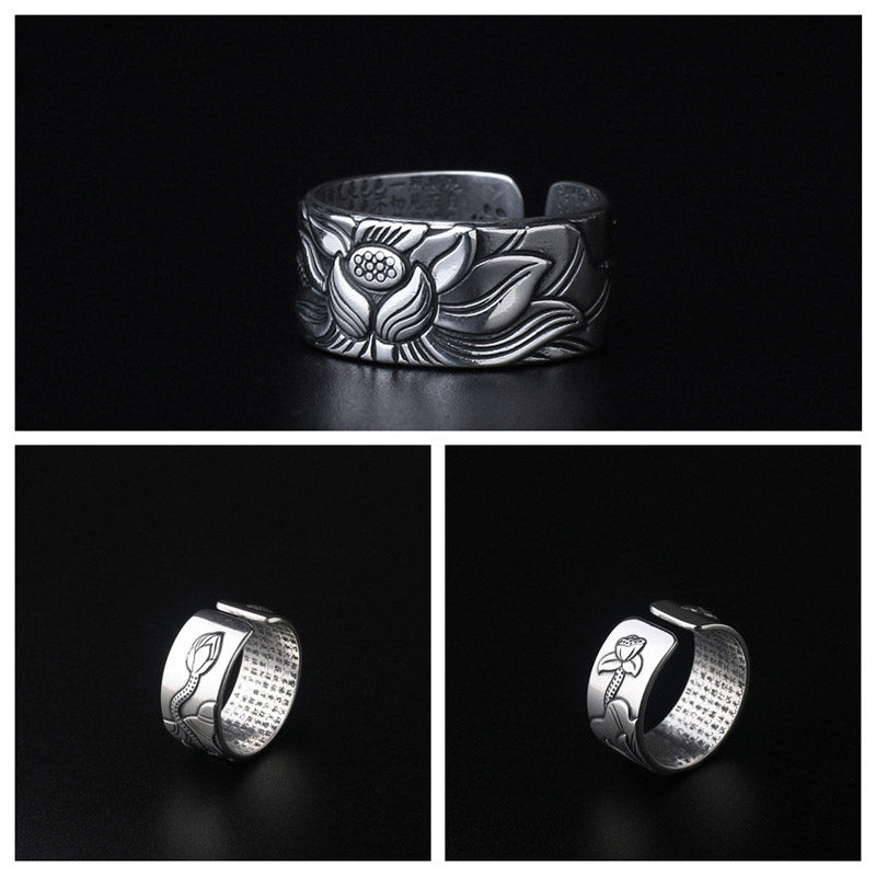 Adjustable White Copper Lotus Enlightenment Ring Unisex