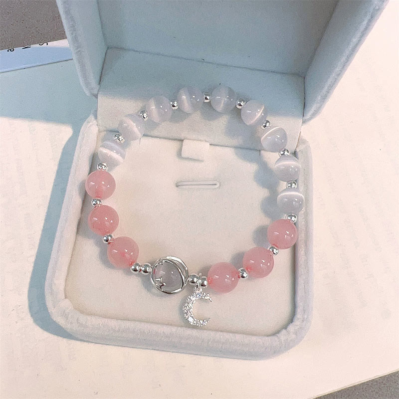 Cat's Eye & Pink Crystal Moon Love Charm Spiritual Bracelet