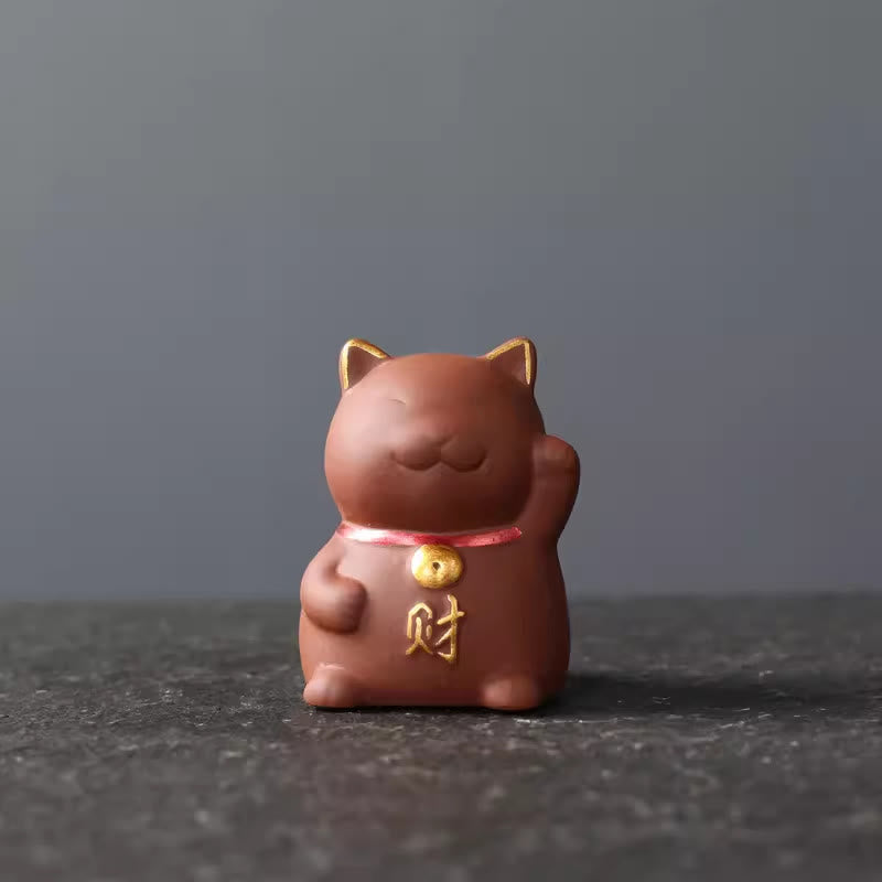 Purple Clay Mini Lucky Cat Wealth Figurine for Prosperity