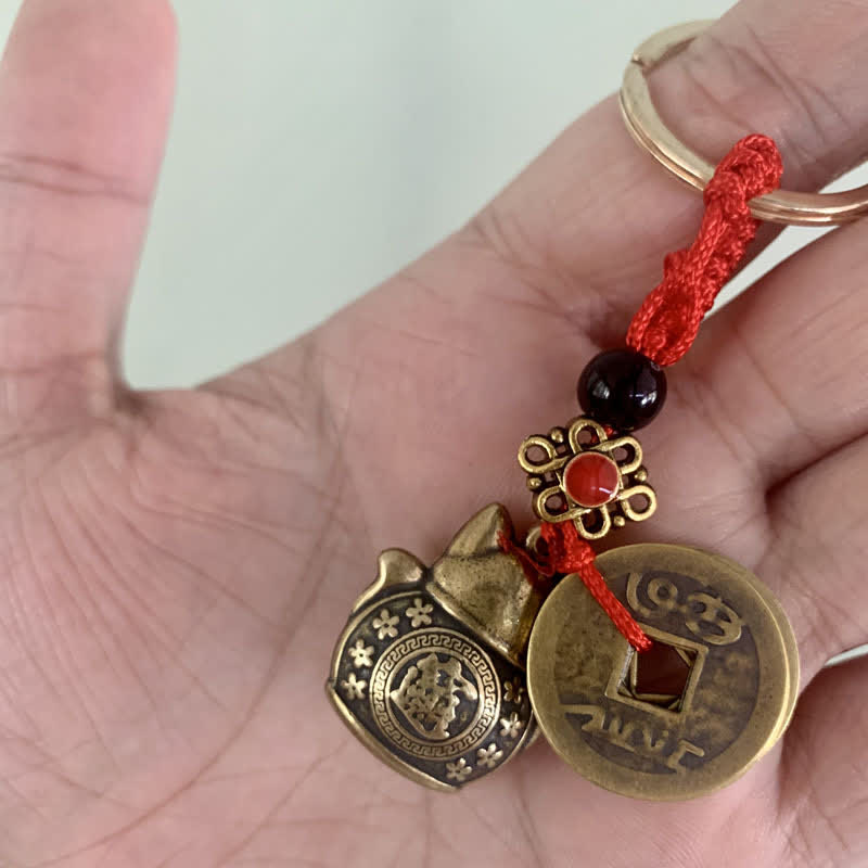 Feng Shui Five Emperor Coins Lucky Cat Wealth Keychain