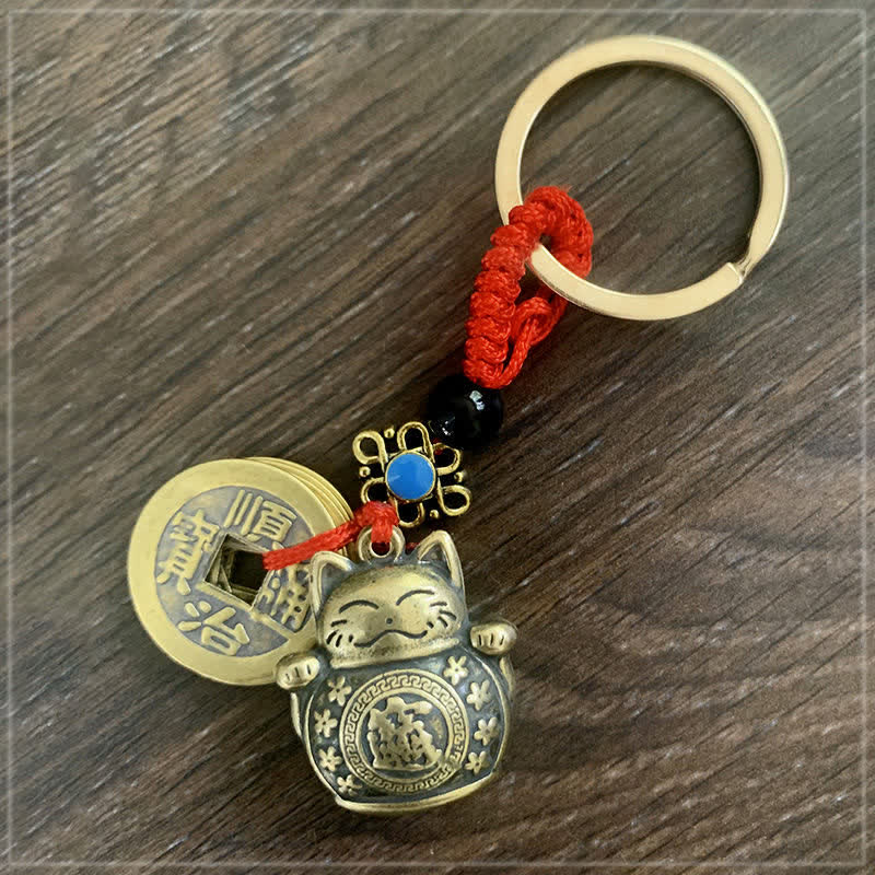 Feng Shui Five Emperor Coins Lucky Cat Wealth Keychain