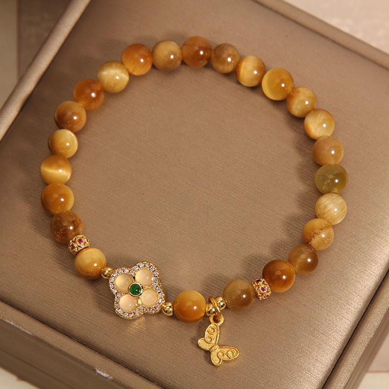 Tiger Eye Protection Bracelet with Four Leaf Clover & Butterfly