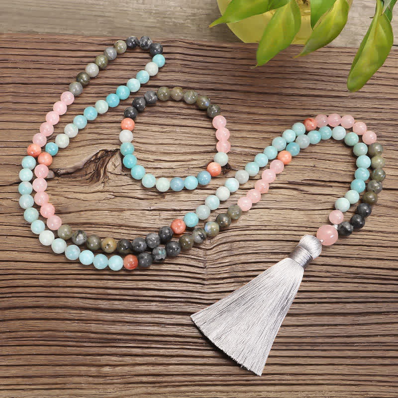 108 Bead Amazonite & Black Glitter Stone Gemstone Mala Bracelet