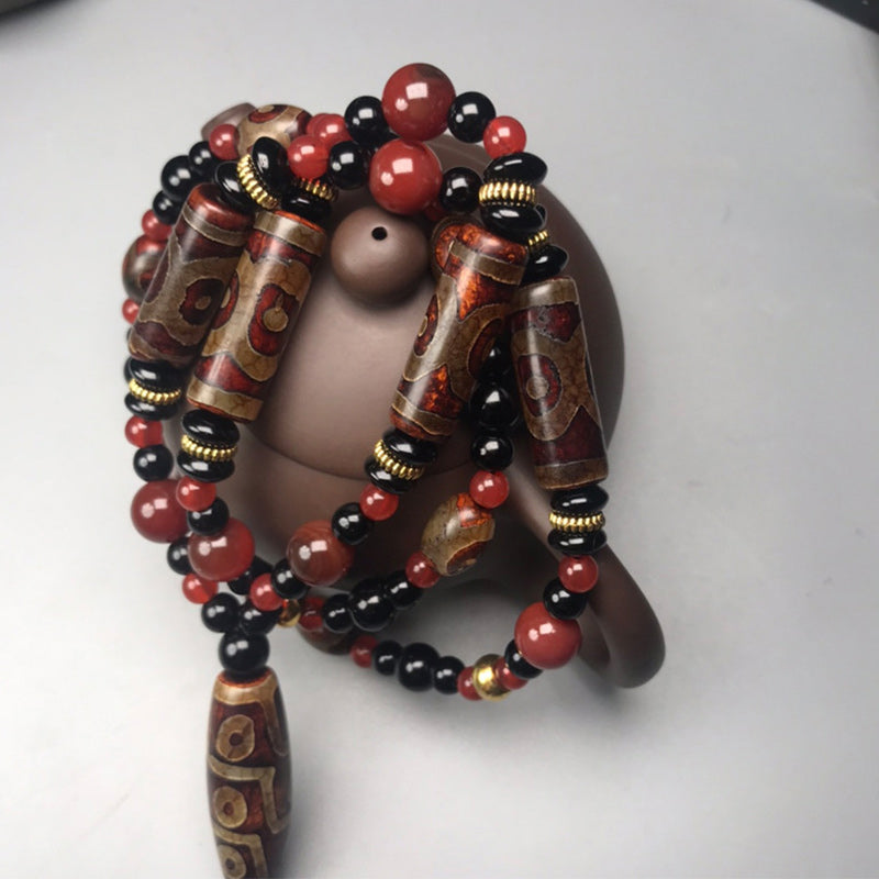 Nine-Eye Dzi Bead Red Agate 9x12mm Wealth Necklace