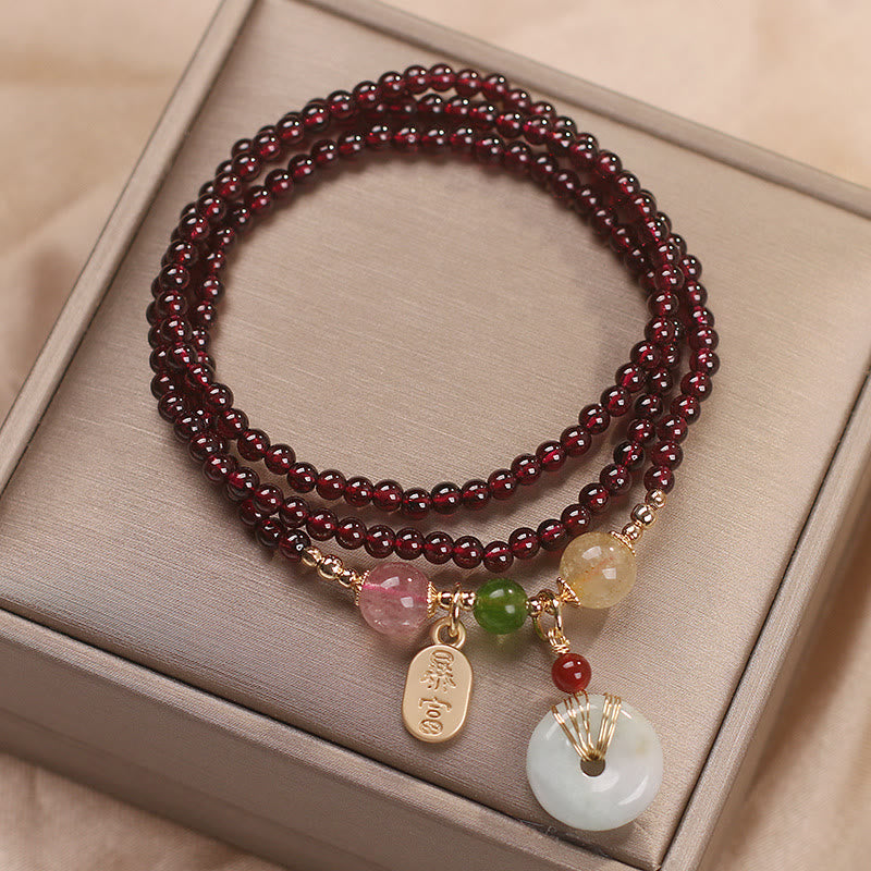 Triple Wrap Garnet Bracelet with Peace Buckle and Crystal Healing