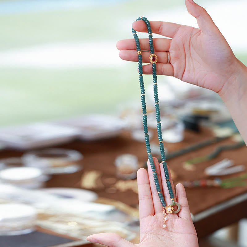 Cyan Jade Success Triple Wrap Bracelet with Silver Peace Buckle