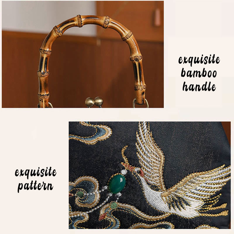 Auspicious Clouds Cranes Embroidery Bamboo Handle Handbag