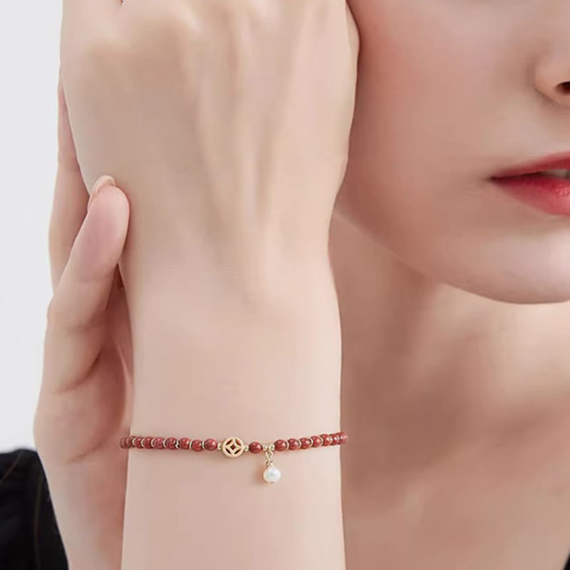 14K Gold Plated Red Agate Confidence Bracelet with Copper Coin