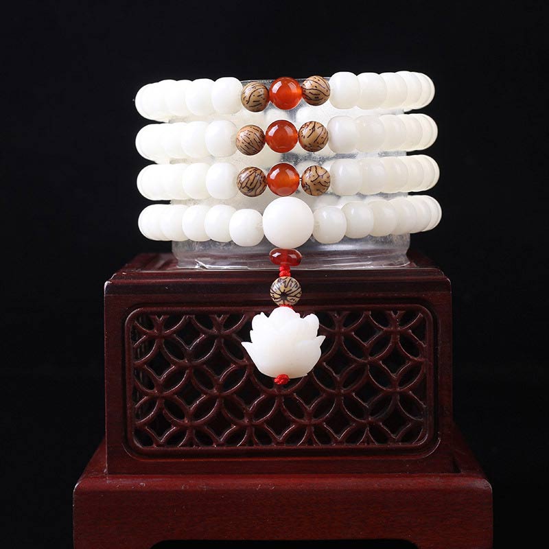 8mm Bodhi Seed Peace Bracelet with Opal, Red Agate & Lazurite Beads