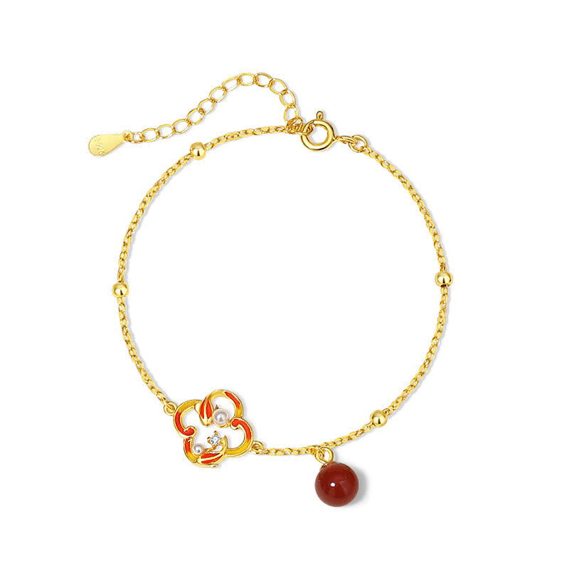 925 Sterling Silver Koi Fish Jewelry Set with Red Agate Pearl