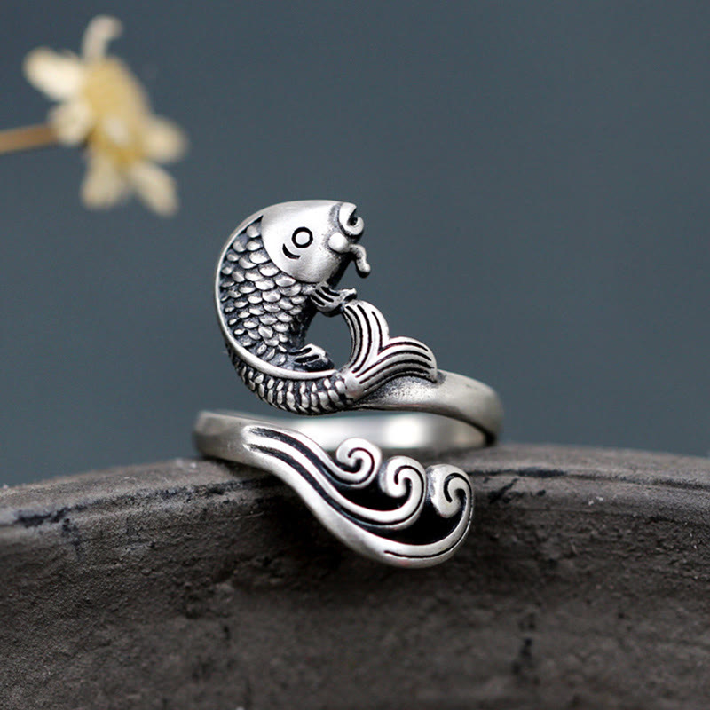 Adjustable 925 Sterling Silver Koi Fish Luck Prosperity Ring
