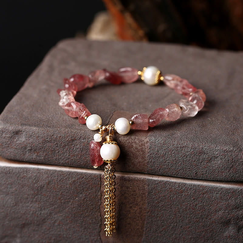 Strawberry Quartz Pearl 14k Gold Love Healing Bracelet