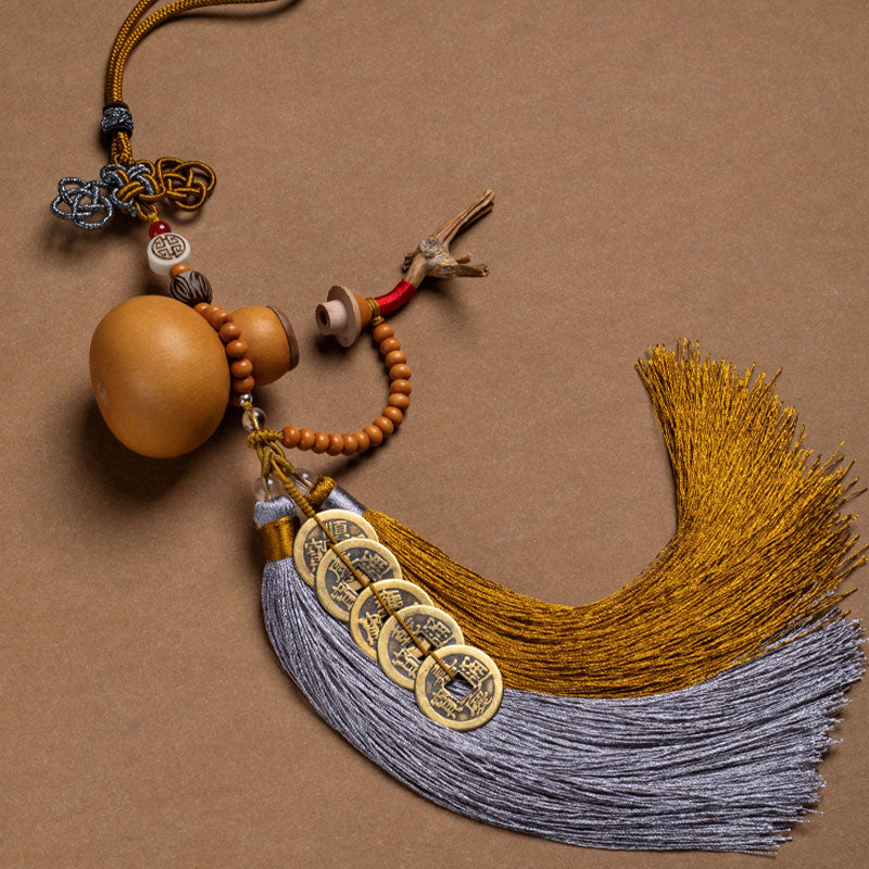 Feng Shui Five Emperor Coins Gourd Tassels 41cm Decoration