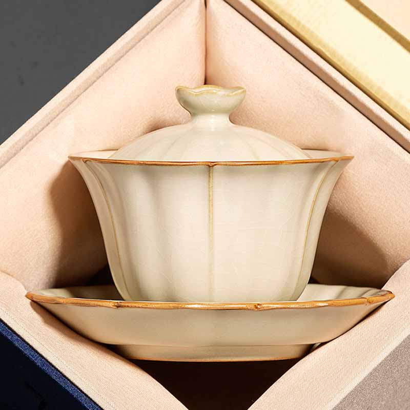Beige Ceramic Gaiwan with Plum Blossom Design 120ml Tea Set