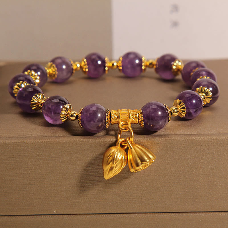 Natural Amethyst Healing Bracelet with Lotus for Spiritual Balance
