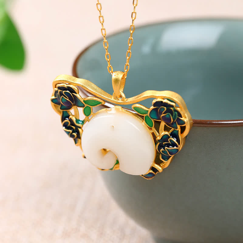 White Jade Success Necklace with Elephant Butterfly Lotus