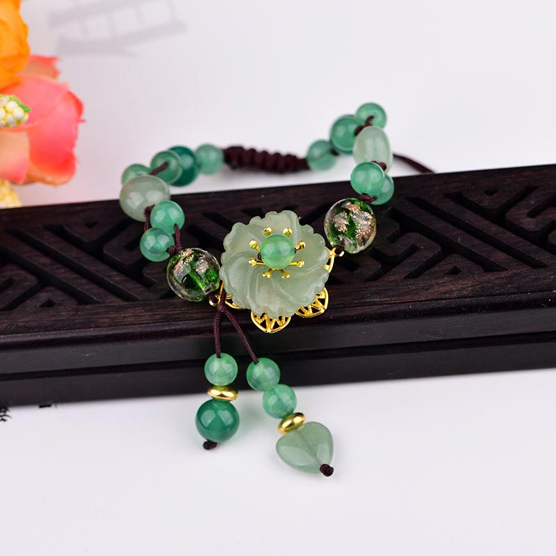 Unisex Green Jade Luck Flower Charm Bracelet 6-10mm Beads