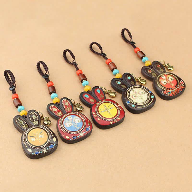 Ebony Five God of Wealth Thangka Key Chain Spiritual Jewelry