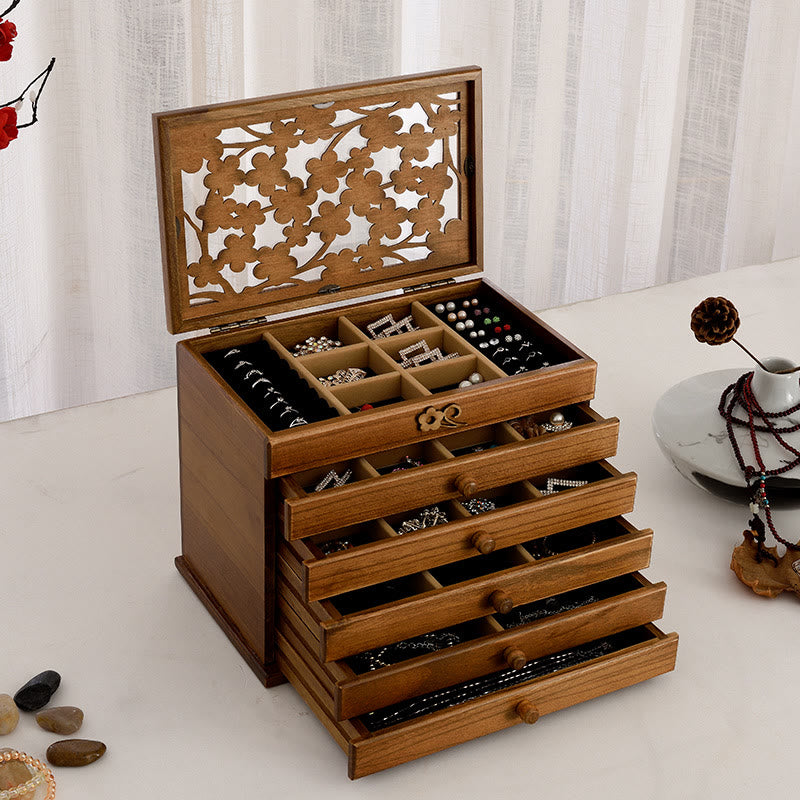 Six-Layer Wooden Jewelry Box with Vintage Plum Blossom Carvings