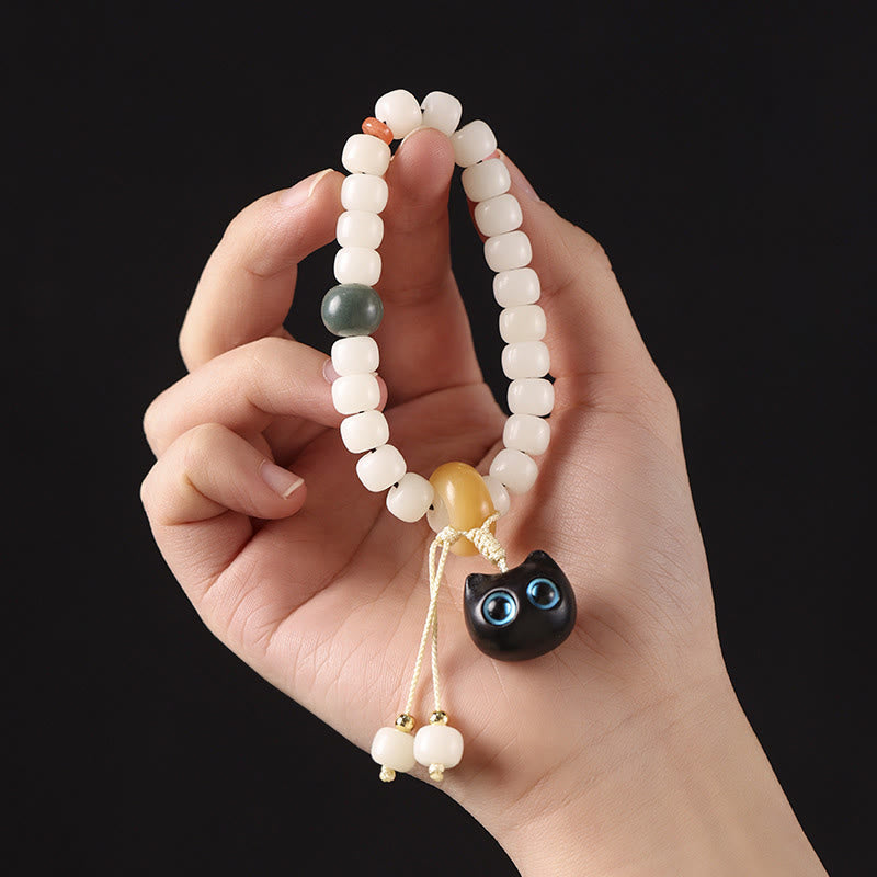 Natural Bodhi Seed Bracelet with Cat Charm for Peace & Harmony