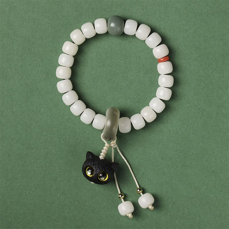 Natural Bodhi Seed Bracelet with Cat Charm for Peace & Harmony