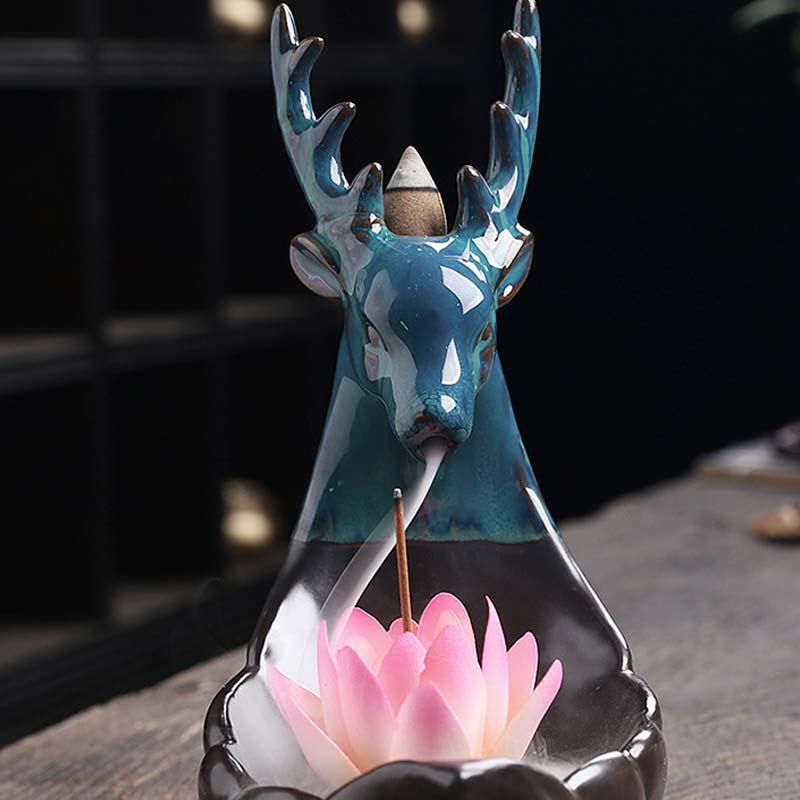 Ceramic Lotus Backflow Incense Burner with Deer 18cm