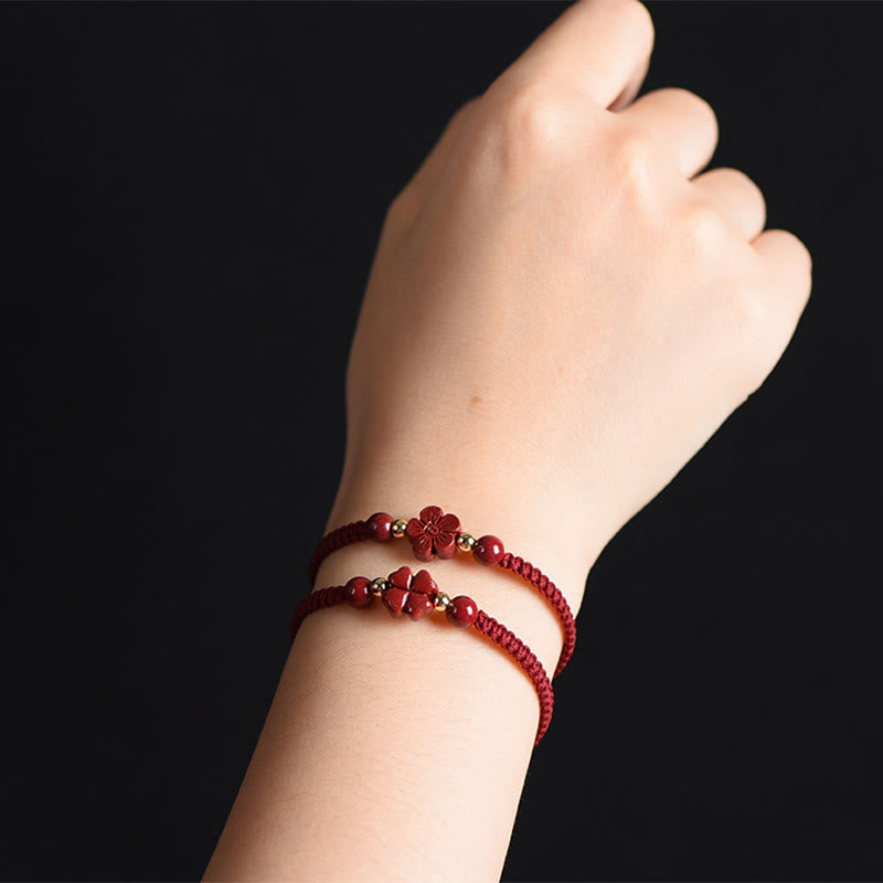 Cinnabar Bracelet with Red String | Four Leaf Clover Blessing