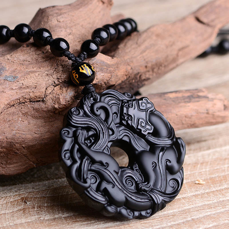Black Obsidian Peace Buckle Pixiu Protection Necklace