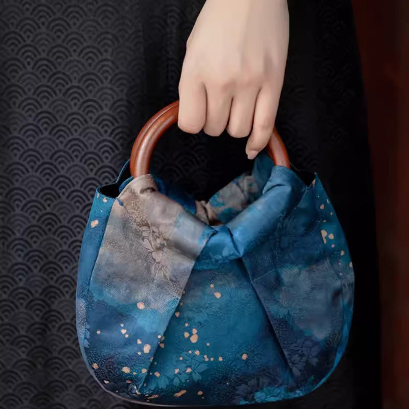 Blue Handmade Jacquard Flower Wooden Handle Bag 23cm