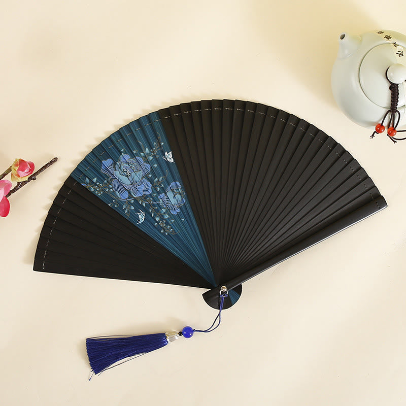 18cm Bamboo Folding Fan with Hibiscus and Plum Blossom Design