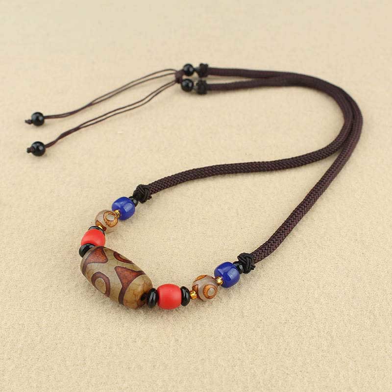 Unisex Agate Necklace with Nine-Eye and Three-Eyed Dzi Beads for Protection