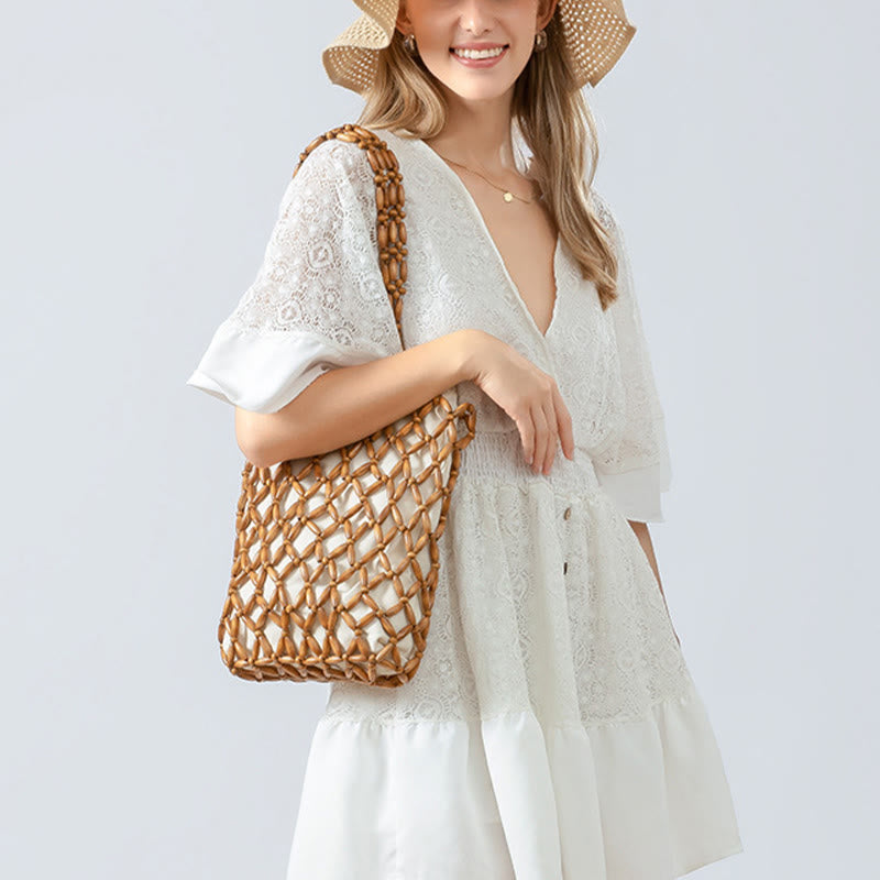 Wooden Beads Hand-Woven Shoulder Bag for Spiritual Accessories