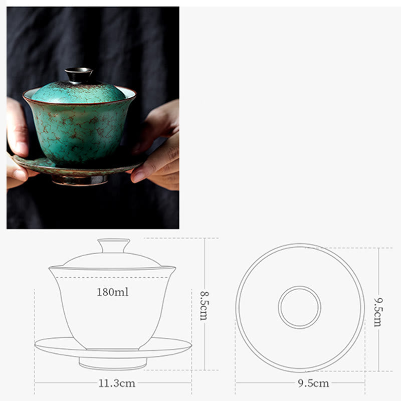 Retro Green Glaze Ceramic Gaiwan Tea Cup 180ml Set