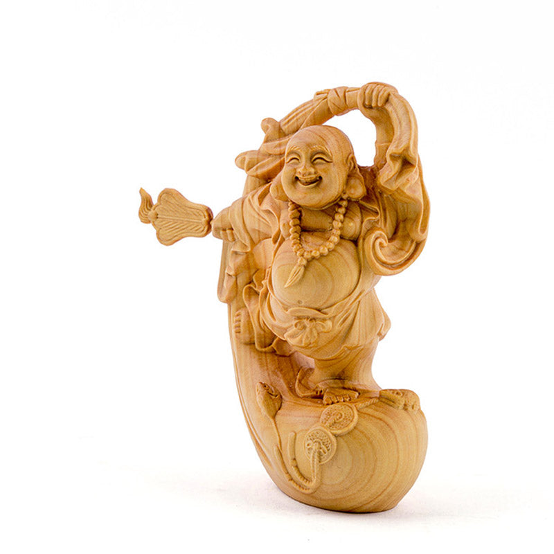 Boxwood Laughing Buddha Statue for Prosperity & Serenity