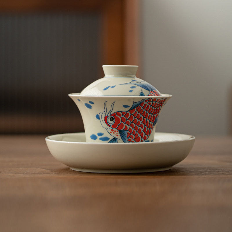 Red Ceramic Koi Fish Gaiwan Teacup 130ml for Tea Rituals