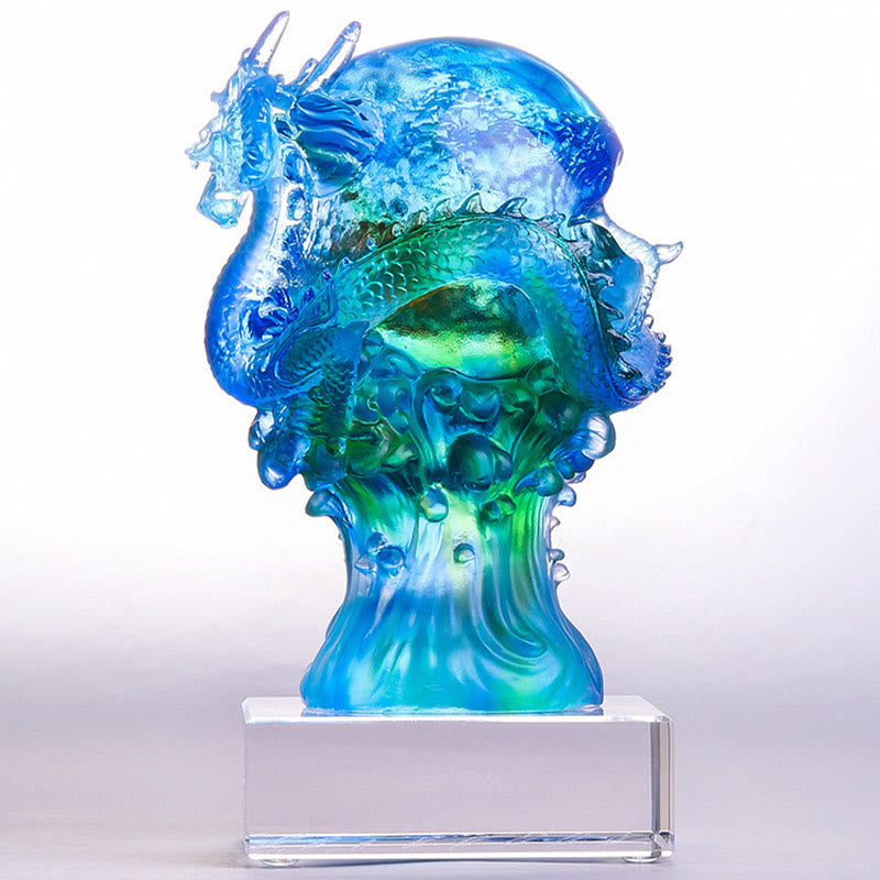 Azure Dragon Liuli Crystal Art Piece for Success Protection