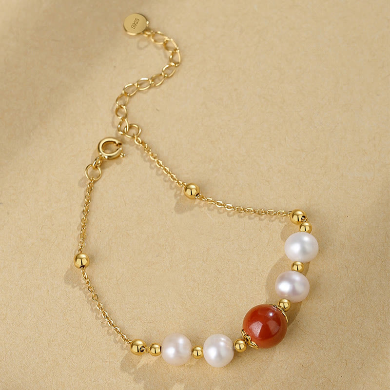 925 Sterling Silver Pearl & Cinnabar Healing Bracelet 14cm-18cm