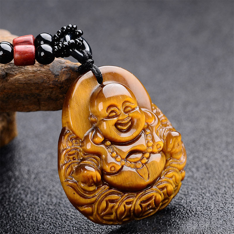 Tiger Eye Laughing Buddha Necklace for Protection & Clarity