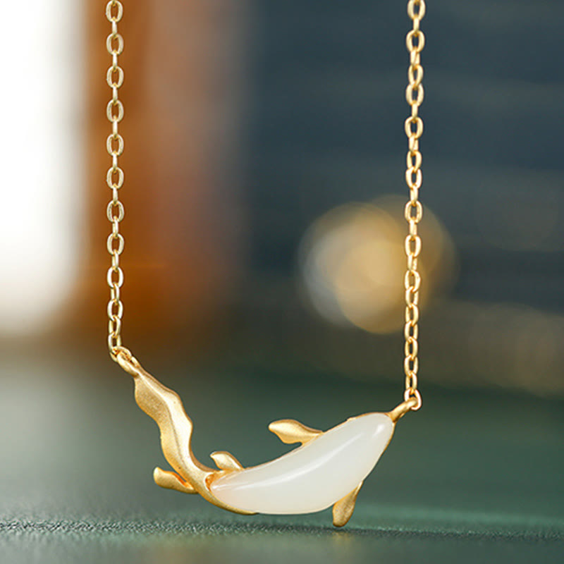 White Jade Dolphin Luck Necklace | 925 Sterling Silver